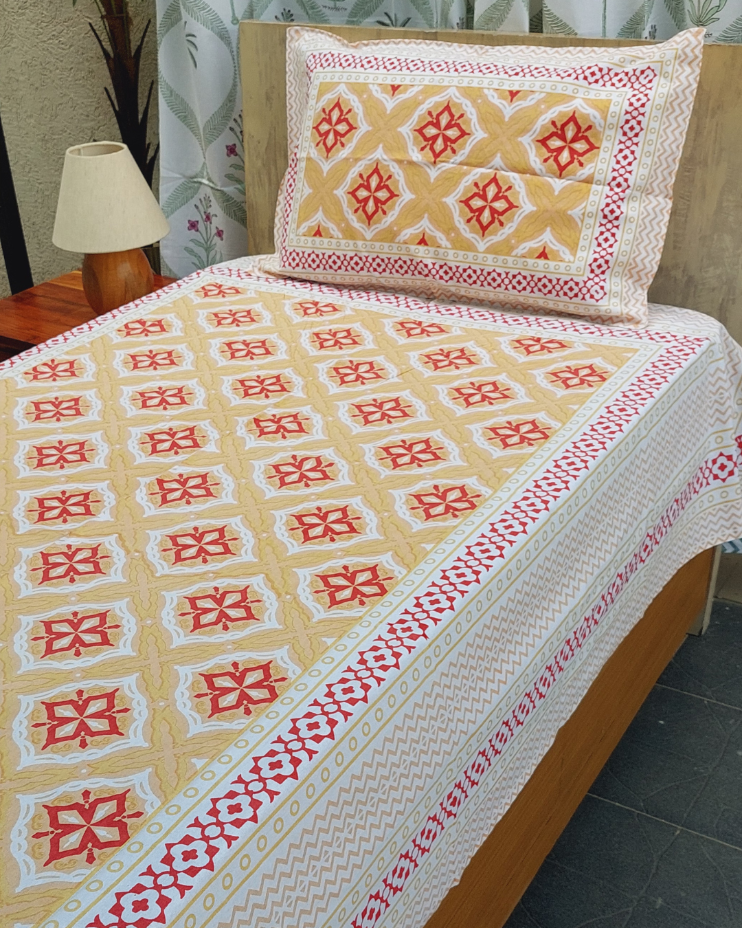 Cotton Single Bed Sheet Yellow Red Geometric Print