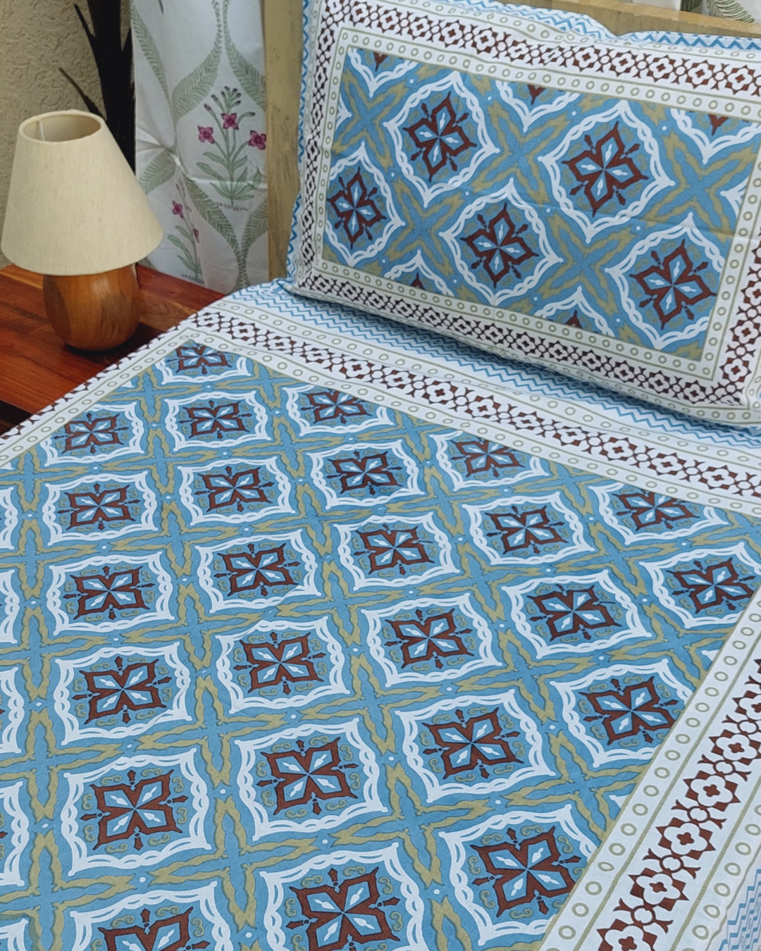 Cotton Single Bed Sheet Yellow Red Geometric Print