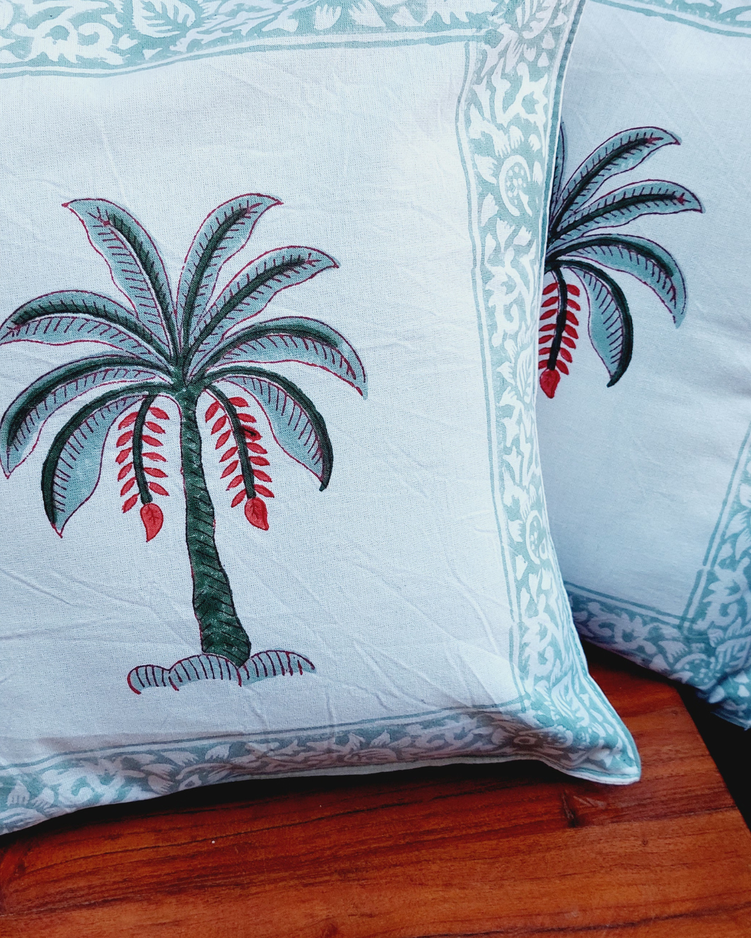 Cotton Bright Green-Red Boota Block Print Cushion Cover