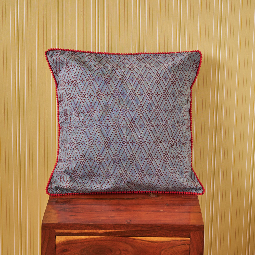 Cotton Earthy Grey Red Geometric Block Print Cushion Cover