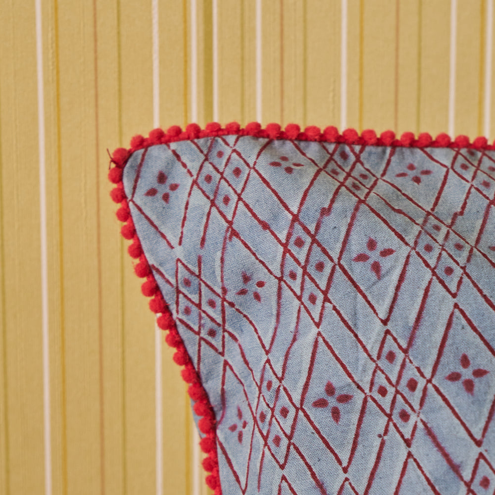 Cotton Earthy Grey Red Geometric Block Print Cushion Cover