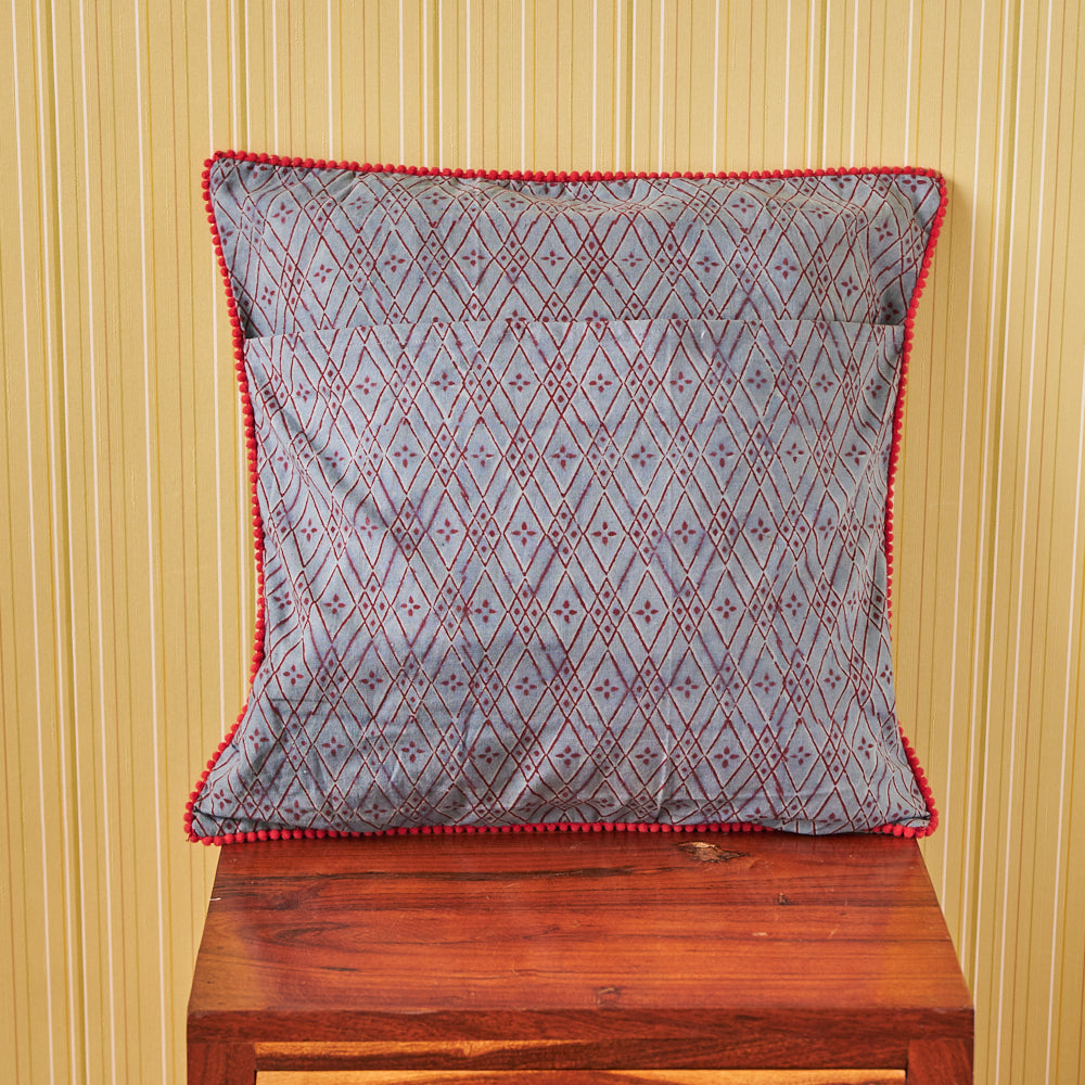 Cotton Earthy Grey Red Geometric Block Print Cushion Cover