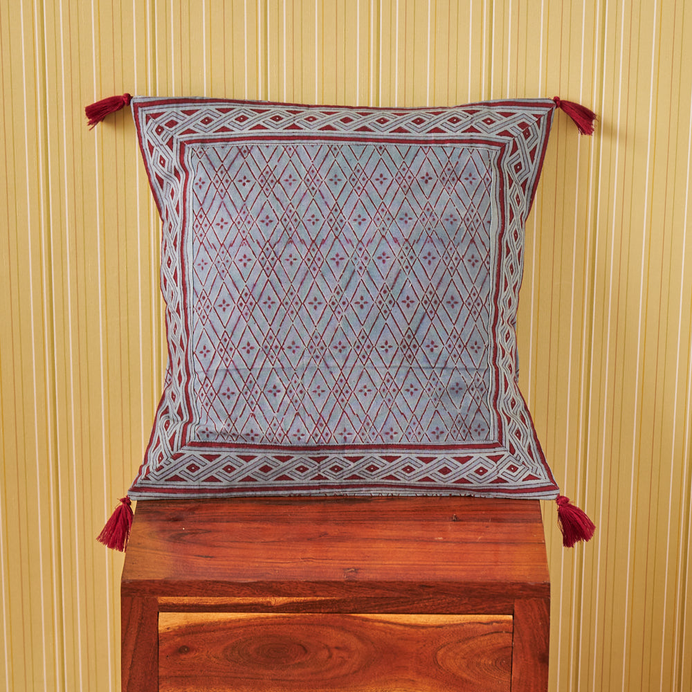 Cotton Earthy Grey Red Geometric Block Print Cushion Cover