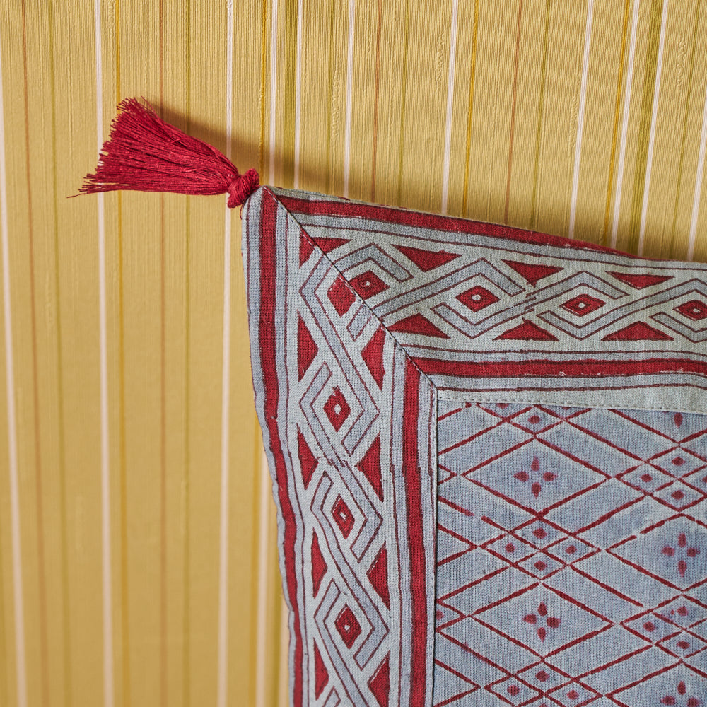 Cotton Earthy Grey Red Geometric Block Print Cushion Cover