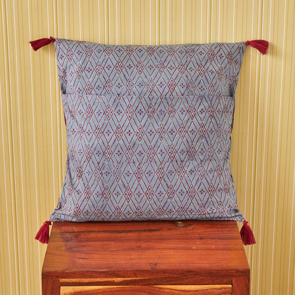 Cotton Earthy Grey Red Geometric Block Print Cushion Cover
