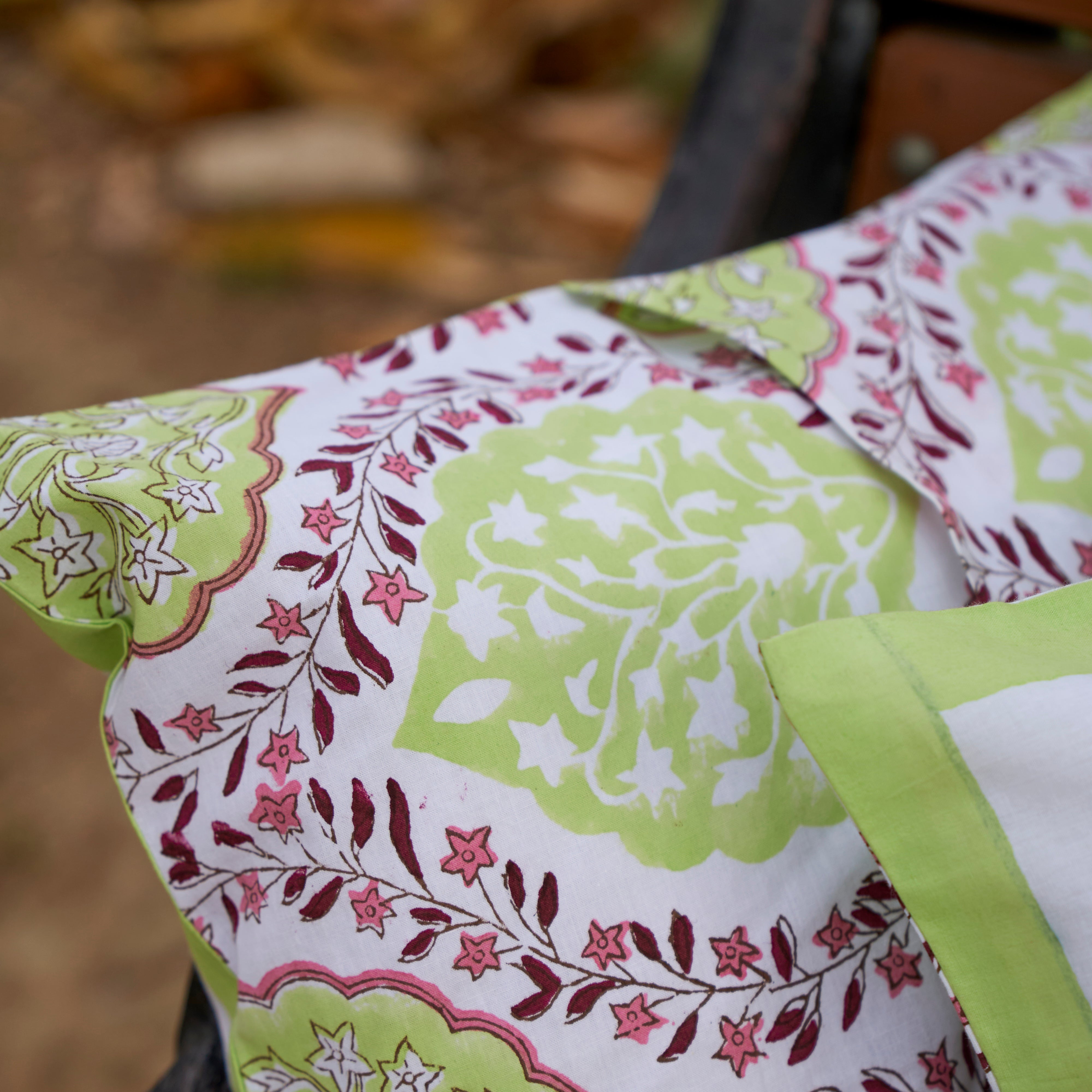 Cotton Cushion Cover Green Pink Floral Ogee Block Print