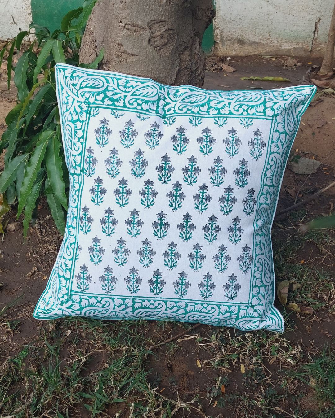 Cotton Cushion Cover Light Sea Green Blossom Floral Block Print