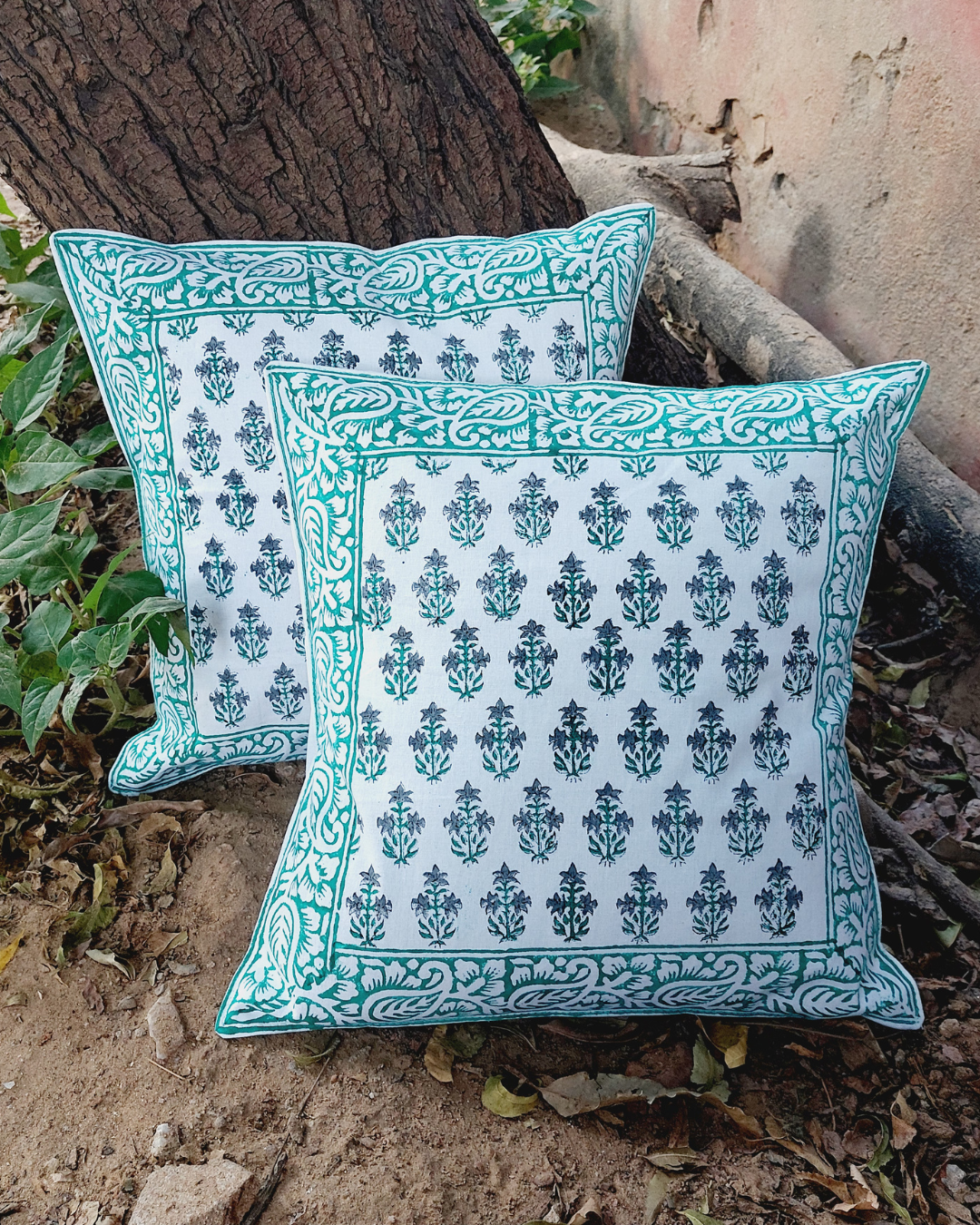 Cotton Cushion Cover Light Sea Green Blossom Floral Block Print
