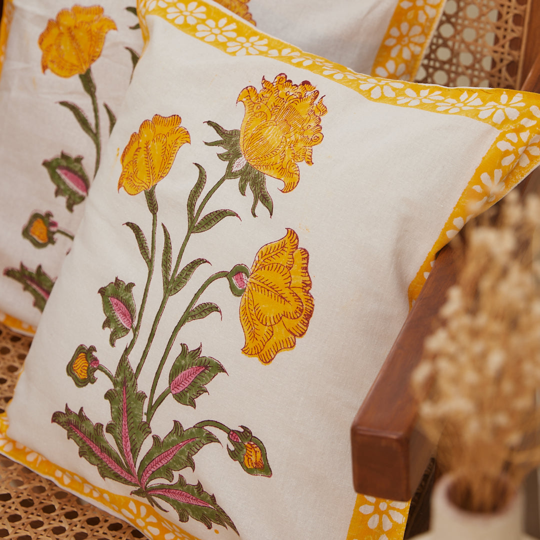 Cotton Cushion Cover Mustard-Green Floral Block Print