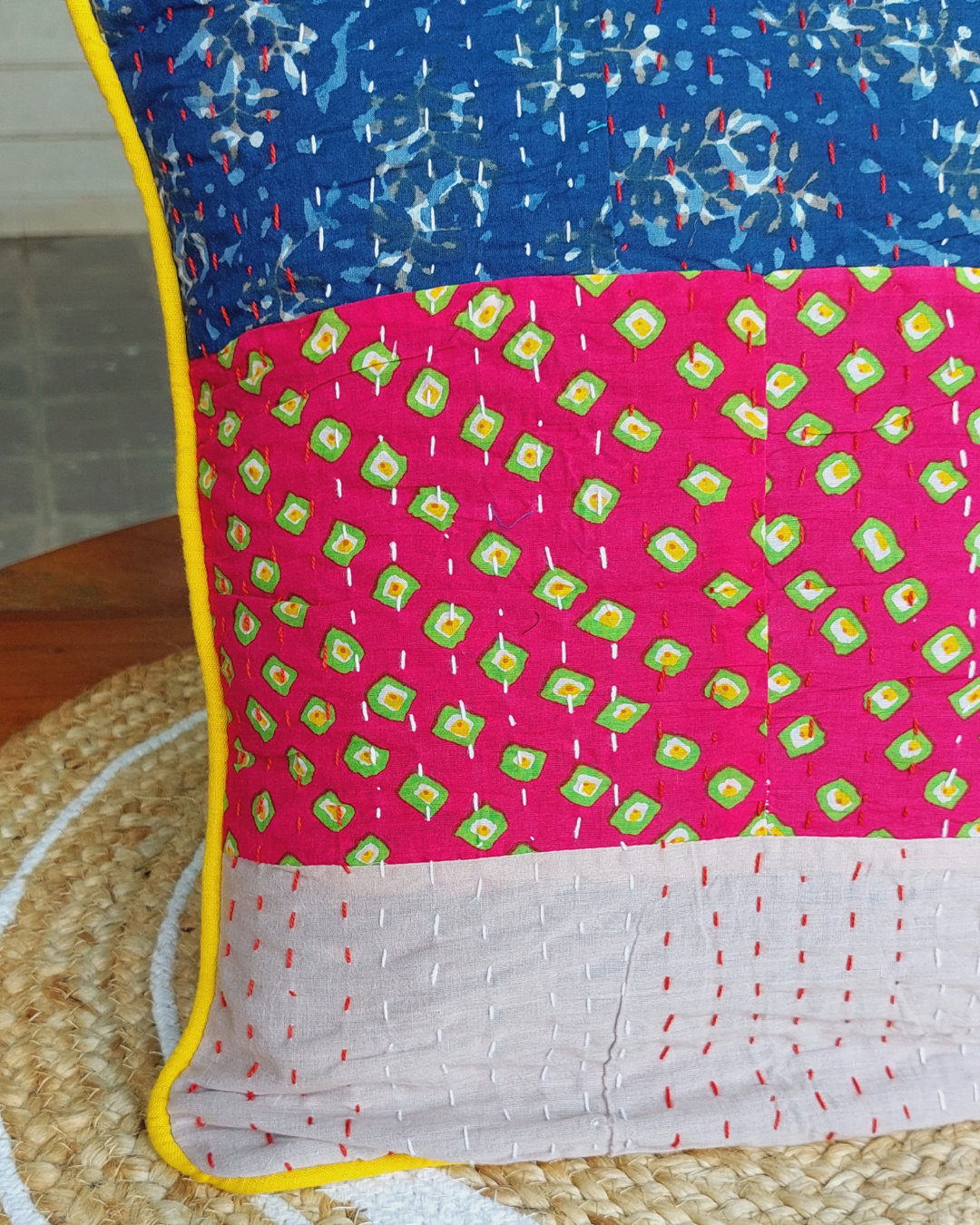 Cotton Cushion Cover Blue-Red Kantha Work Booti Bagru Print