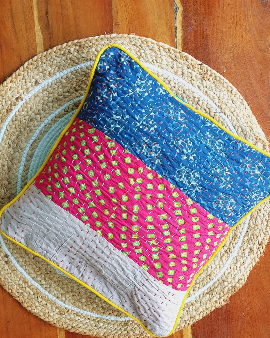 Cotton Cushion Cover Blue-Red Kantha Work Booti Bagru Print