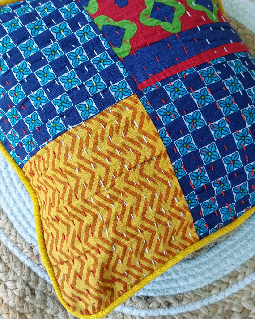 Cotton Cushion Cover Blue-Yellow Kantha Work Bagru Print