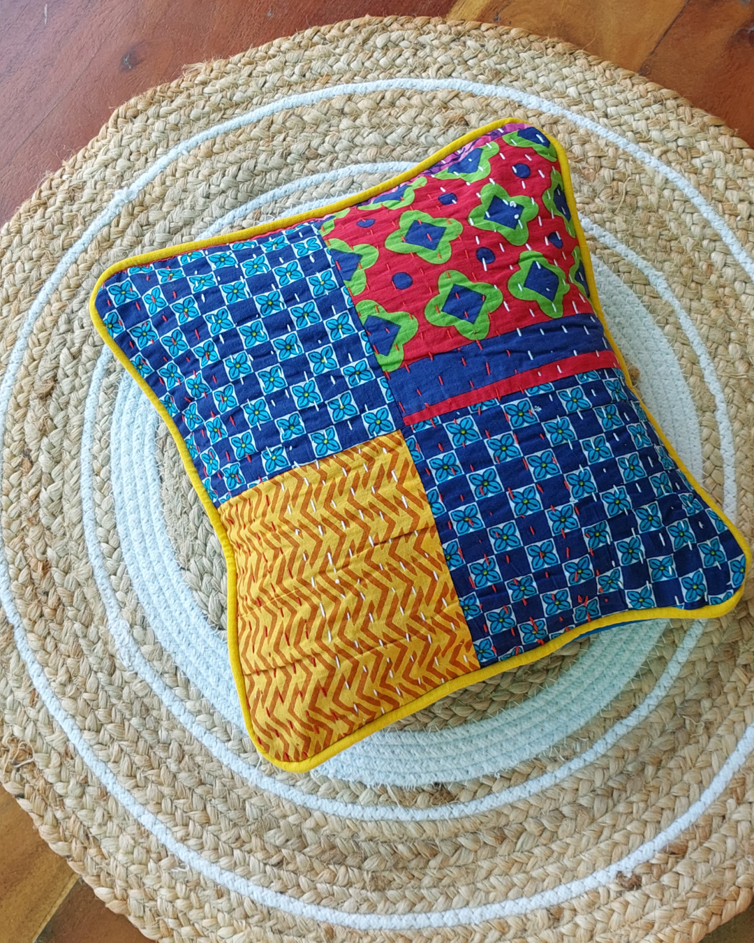 Cotton Cushion Cover Blue-Yellow Kantha Work Bagru Print