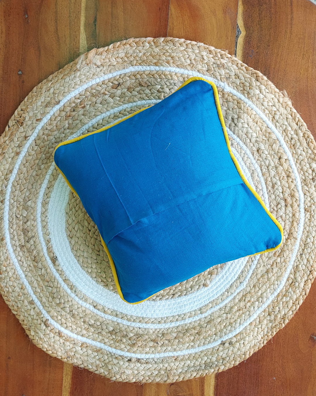 Cotton Cushion Cover Blue-Yellow Kantha Work Bagru Print