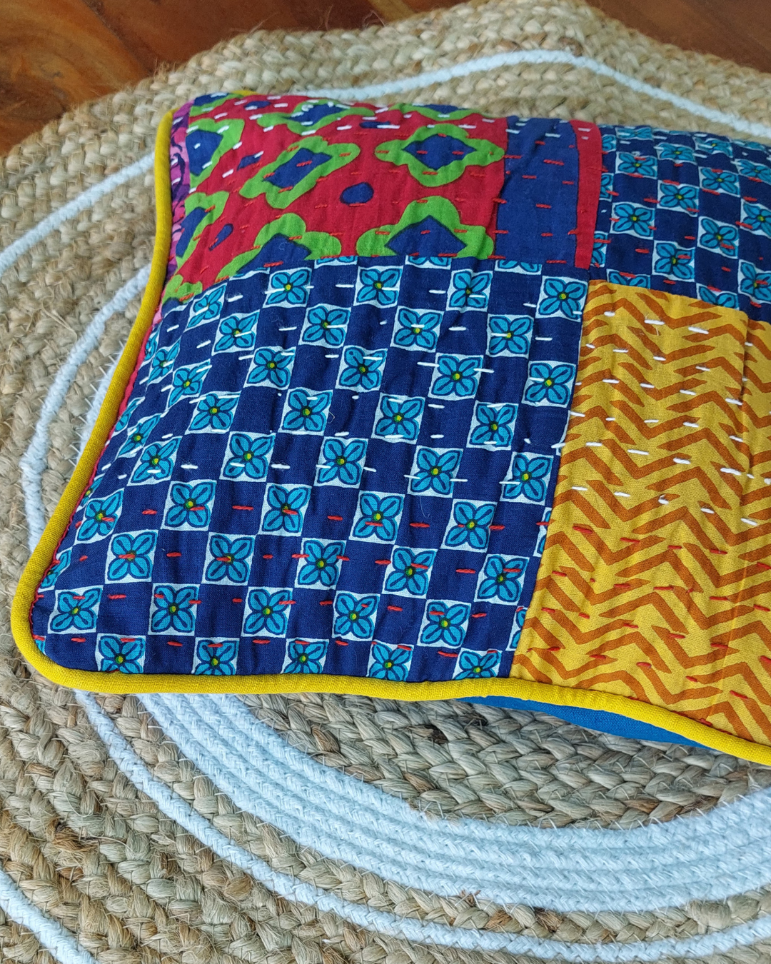 Cotton Cushion Cover Blue-Yellow Kantha Work Bagru Print
