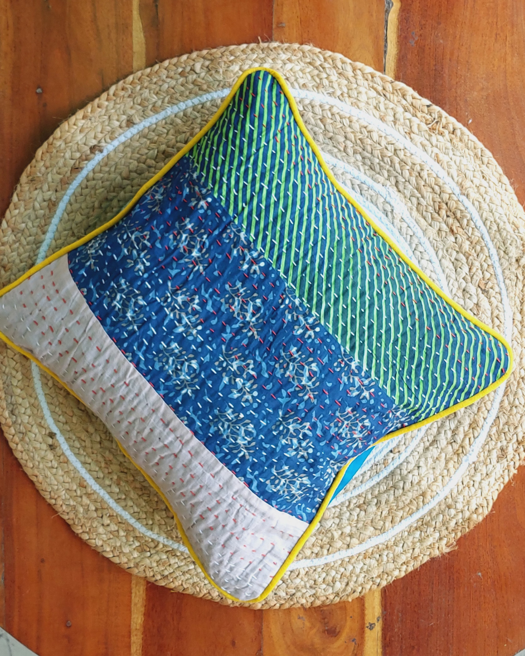 Cotton Cushion Cover Blue-Green Kantha Work Bagru Print