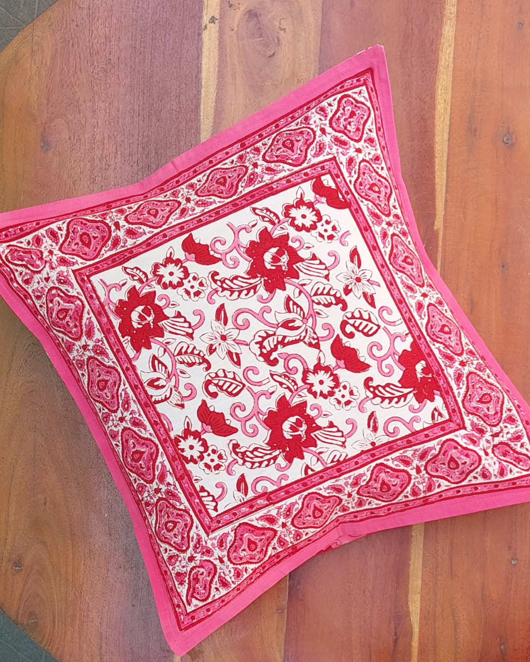 Cotton Pink Floral Block Print Cushion Cover
