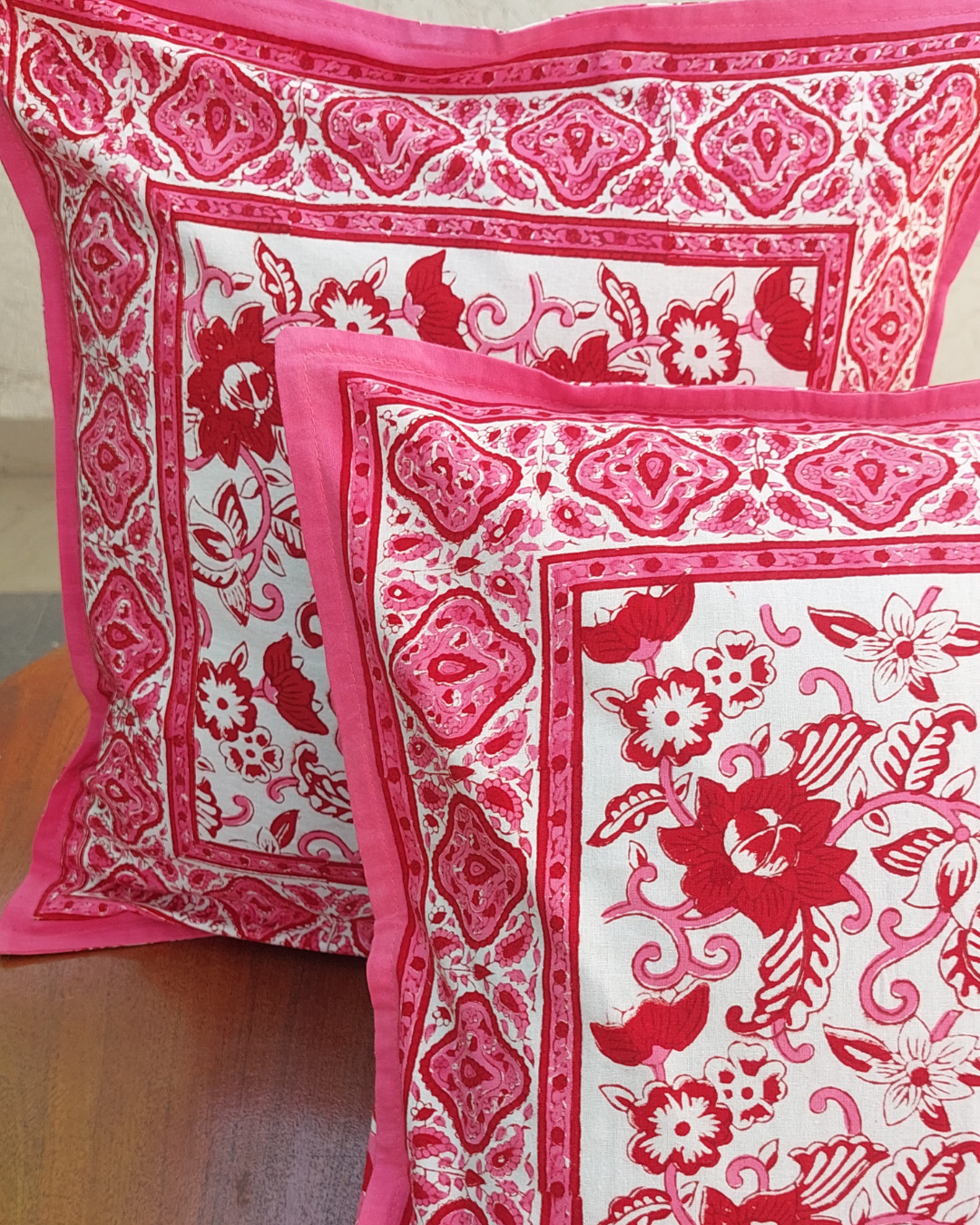 Cotton Pink Floral Block Print Cushion Cover