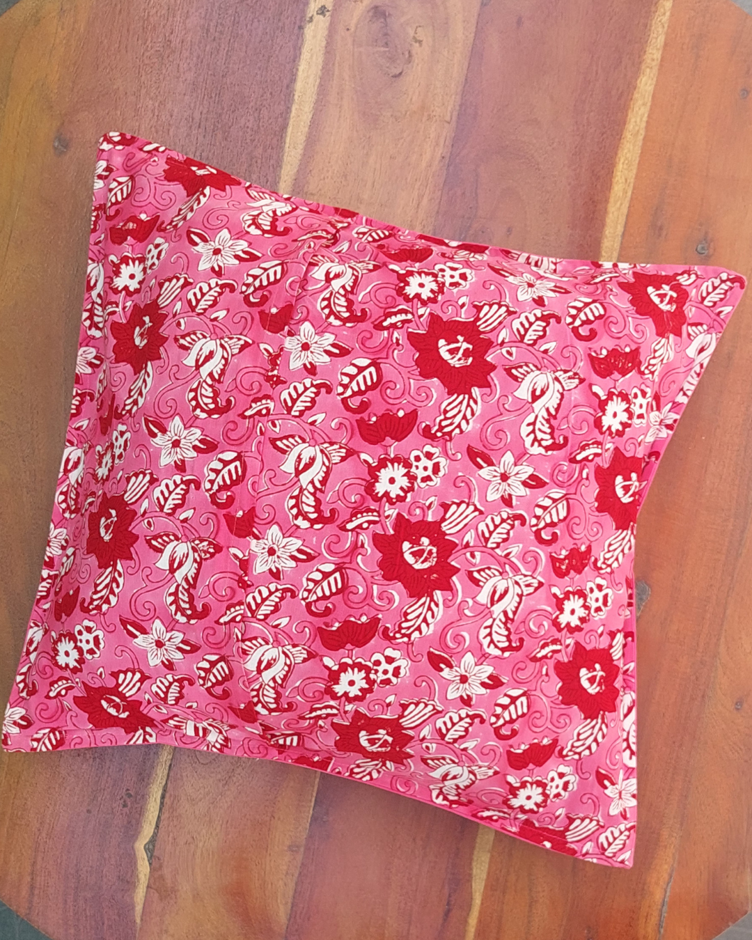 Cotton Pink Floral Block Print Cushion Cover