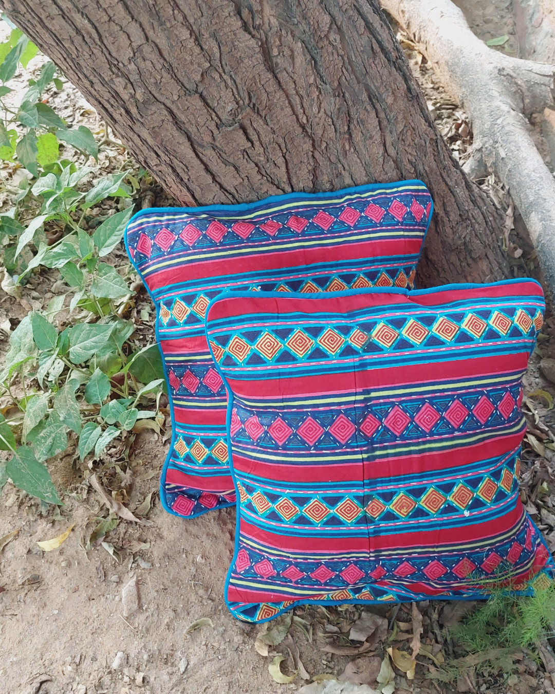 Cotton Cushion Cover triangle Kantha Patch Work Bagru Print