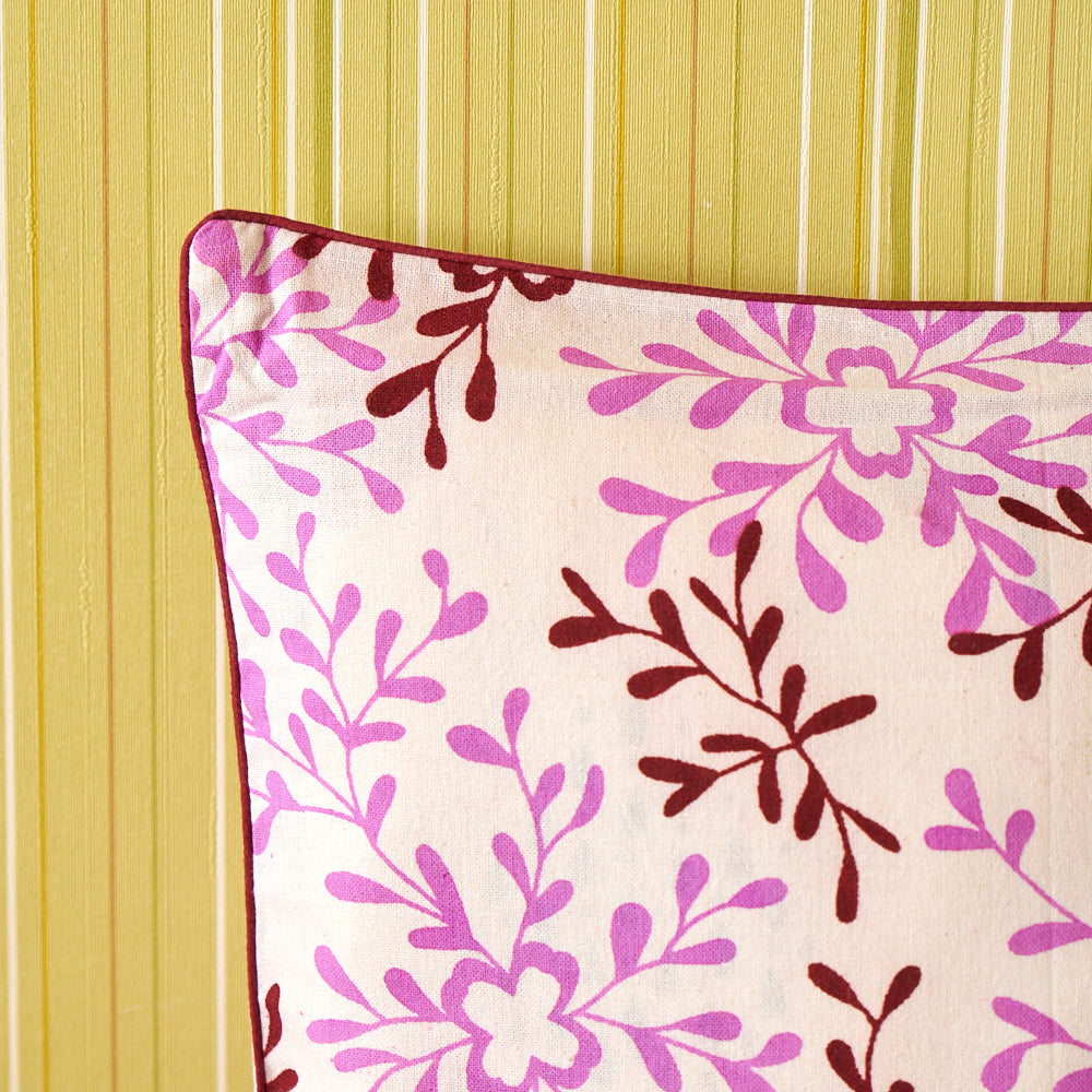 Cotton Pink Brown Floral Block Cushion Cover