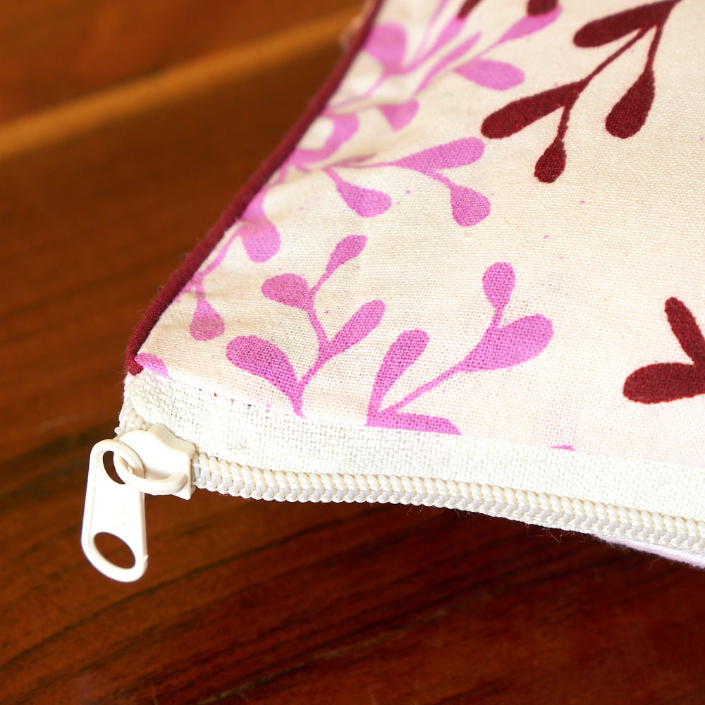 Cotton Pink Brown Floral Block Cushion Cover