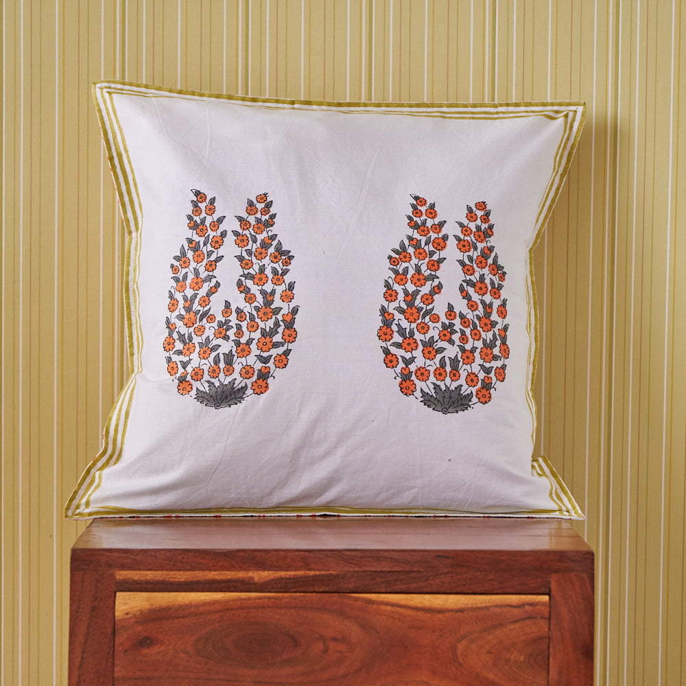 Cotton Cushion Cover Orange Grey Jaal Block Print
