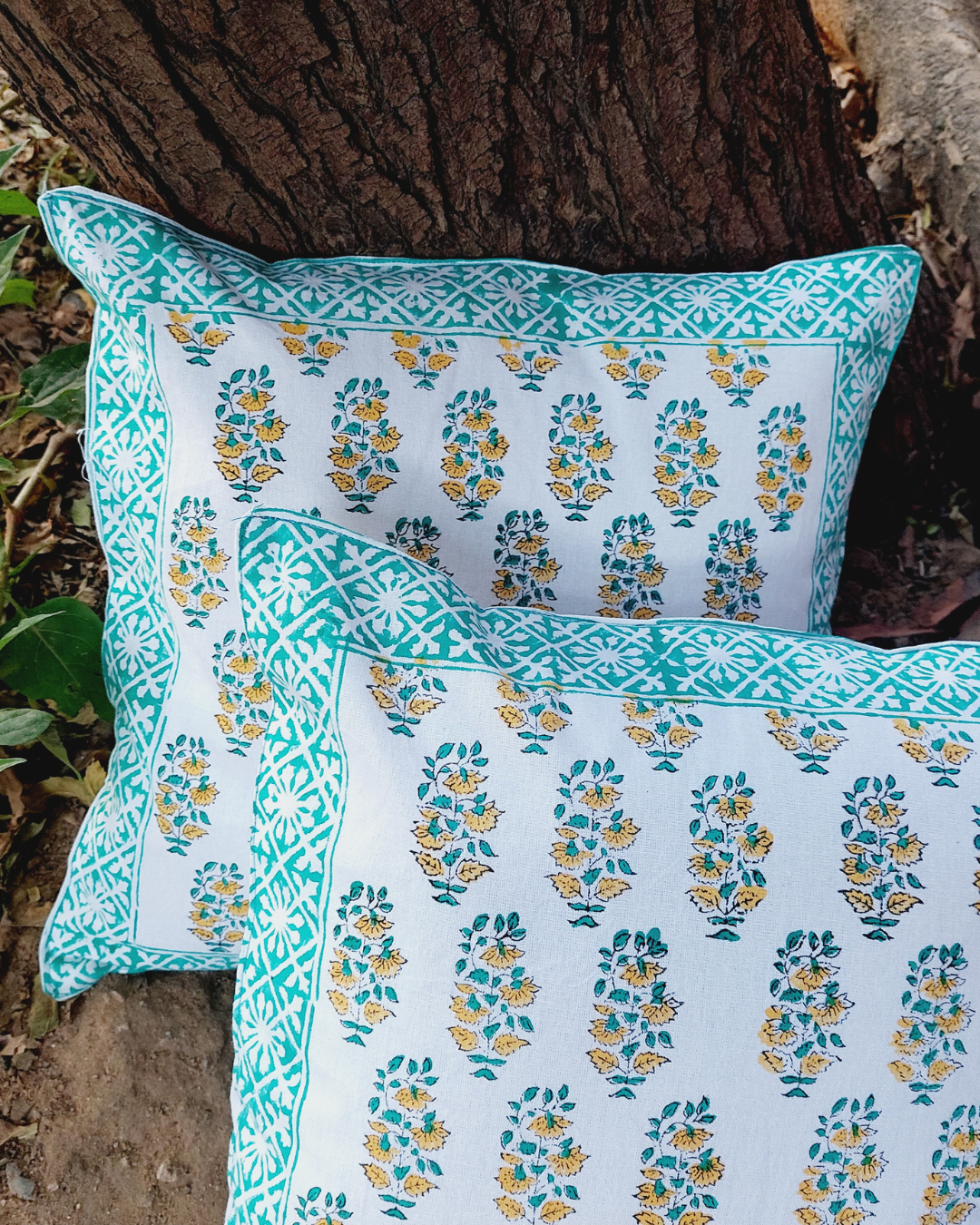 Cotton Cushion Cover Orange Green Booti Block Print