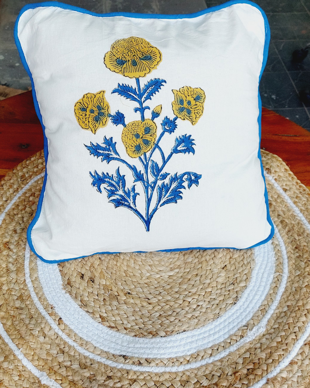 Cotton Cushion Cover Orange Blue Floral Boota Block Print