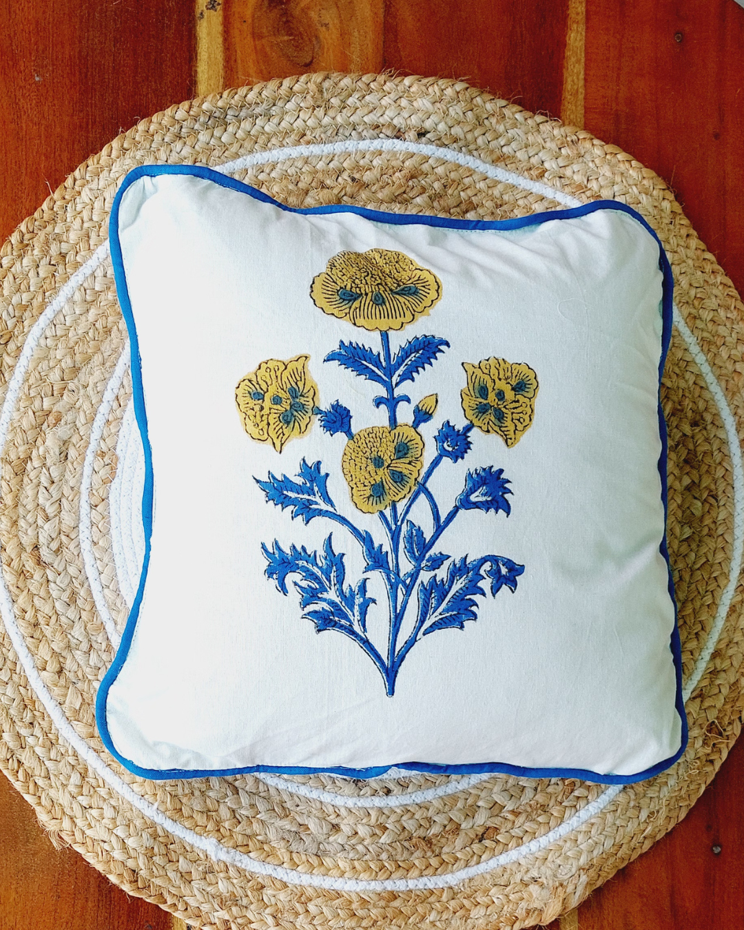 Cotton Cushion Cover Orange Blue Floral Boota Block Print