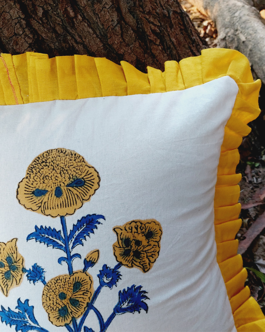 Cotton Cushion Cover Yellow-Blue Floral Boota Block Print