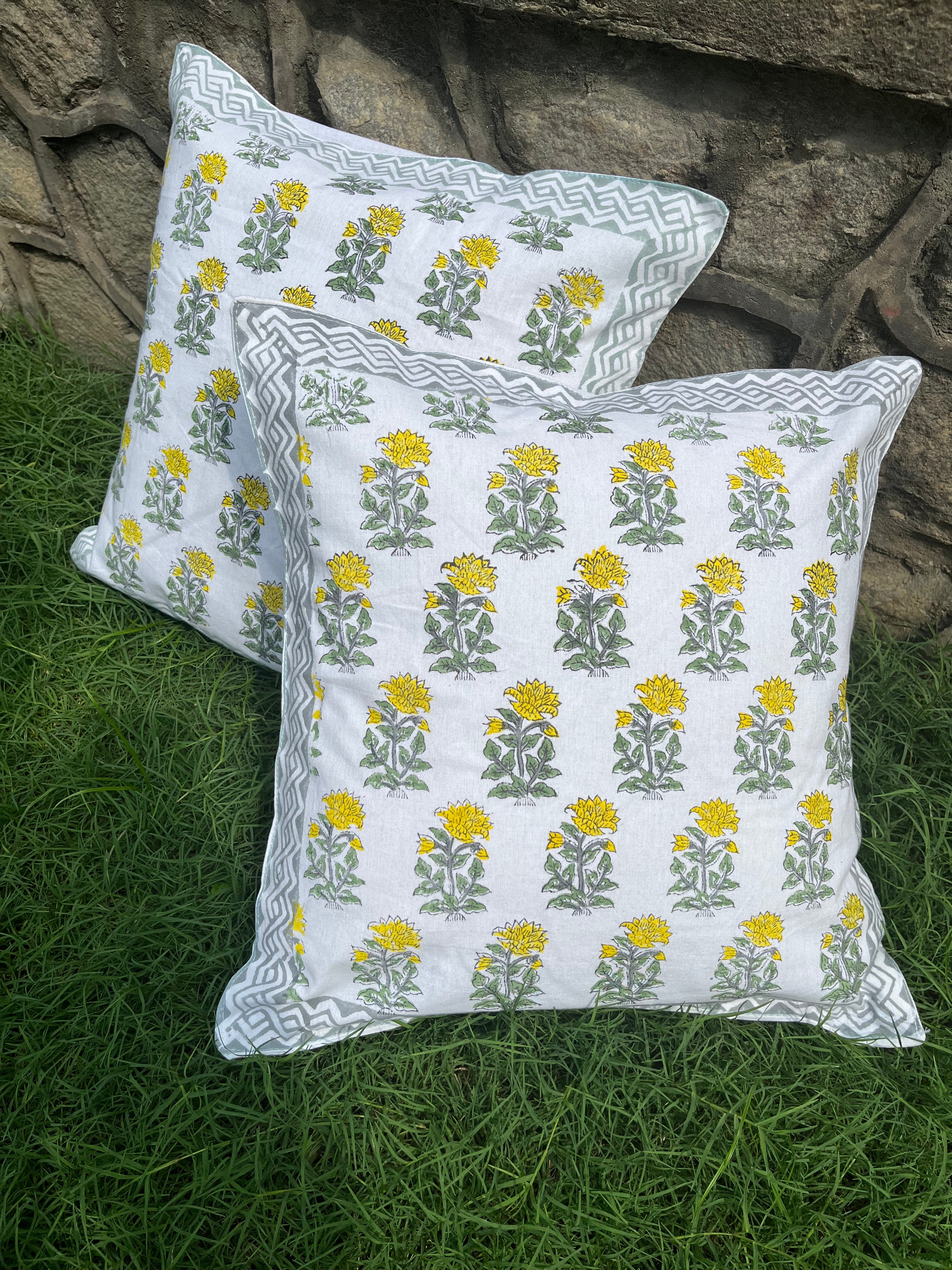 Cotton Cushion Cover Green Floral Booti Block Print