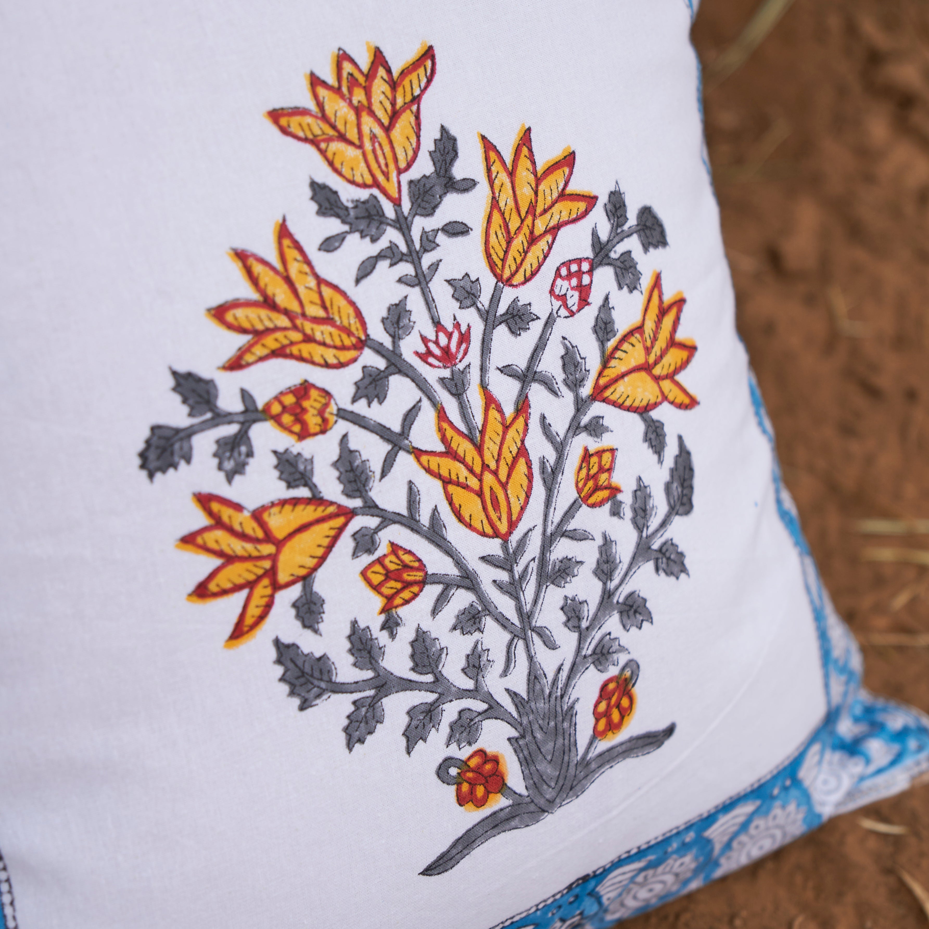 Cotton Cushion Cover Dodger-Yellow Floral Hand Block Print