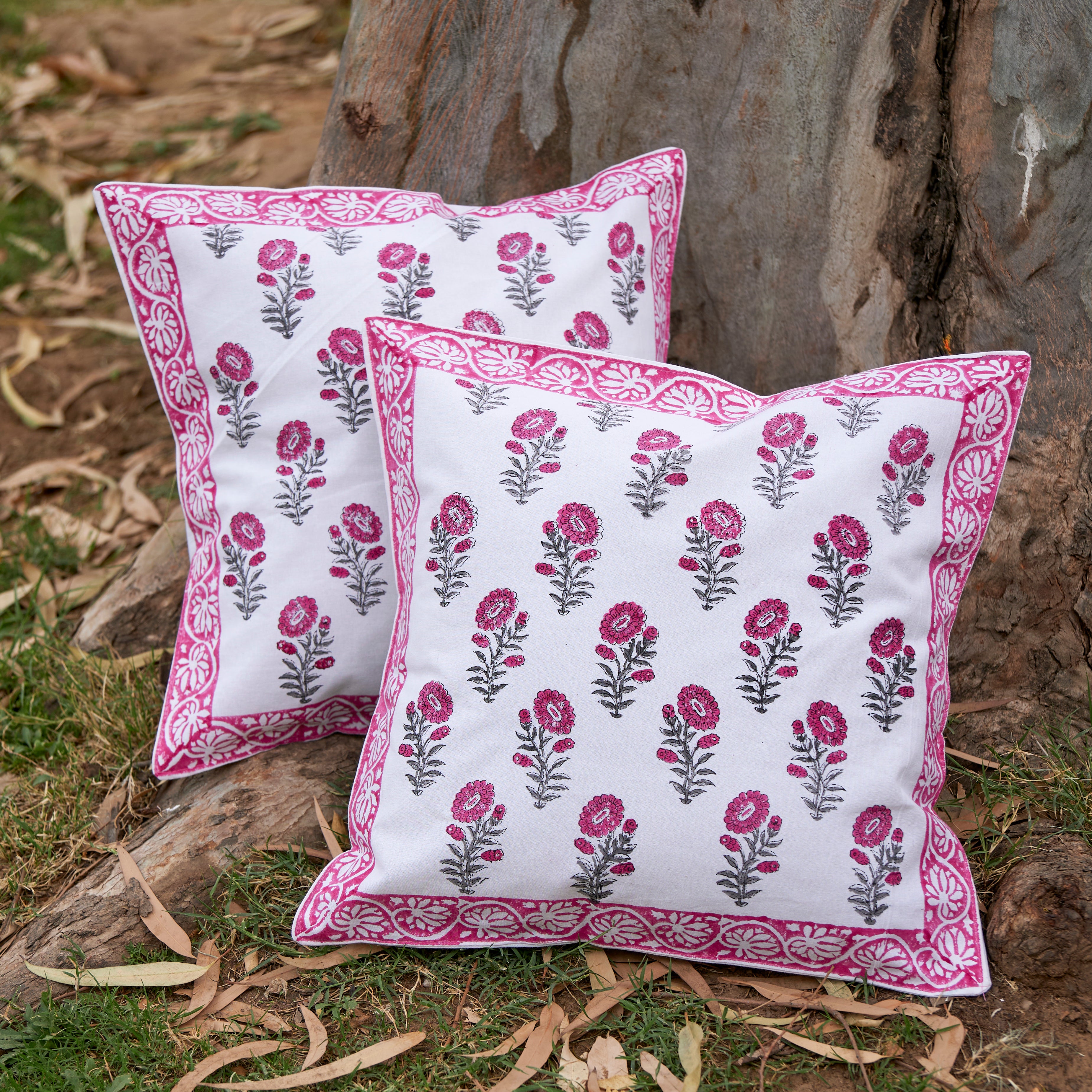 Cotton Cushion Cover Pink Orchids Floral Block Print
