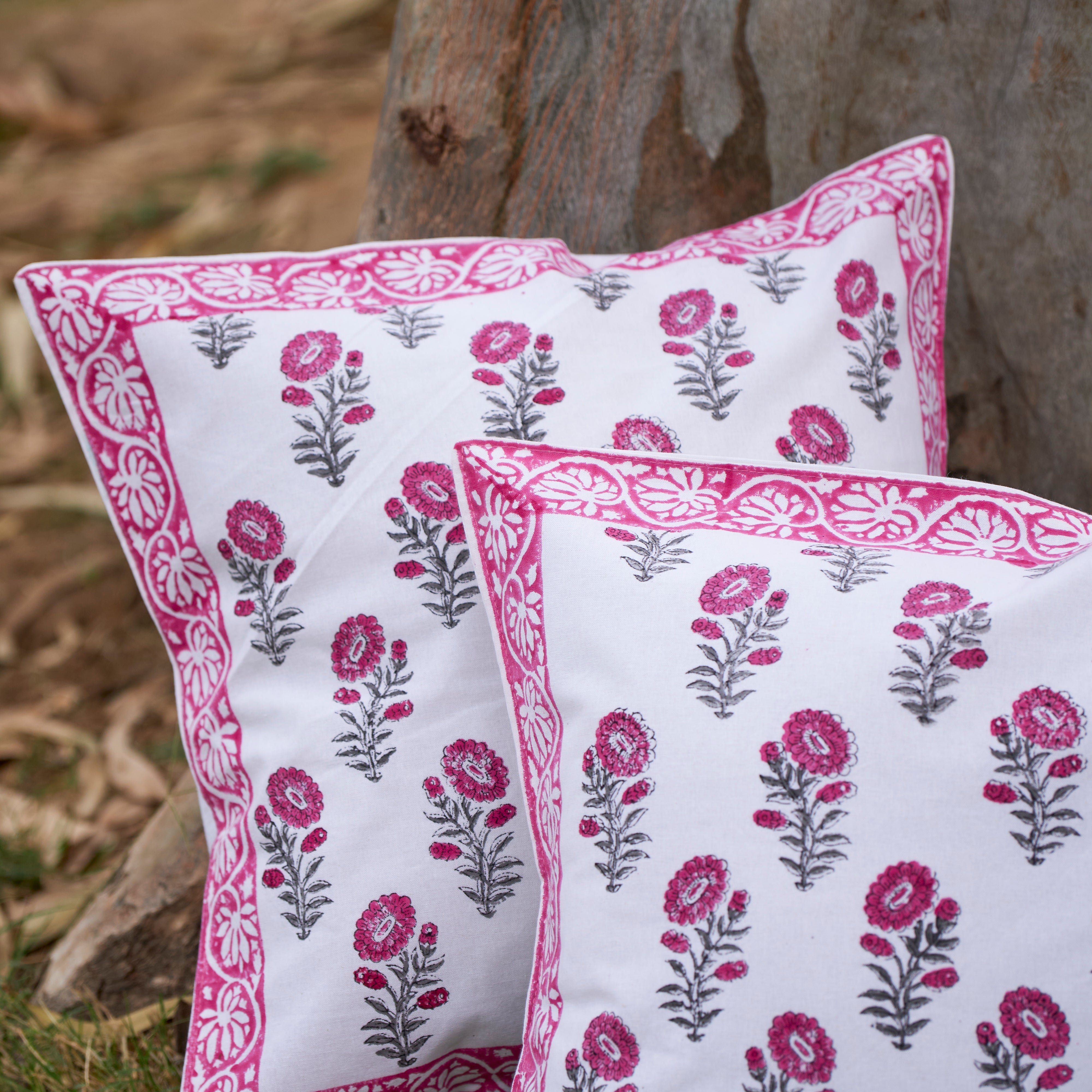 Cotton Cushion Cover Pink Orchids Floral Block Print