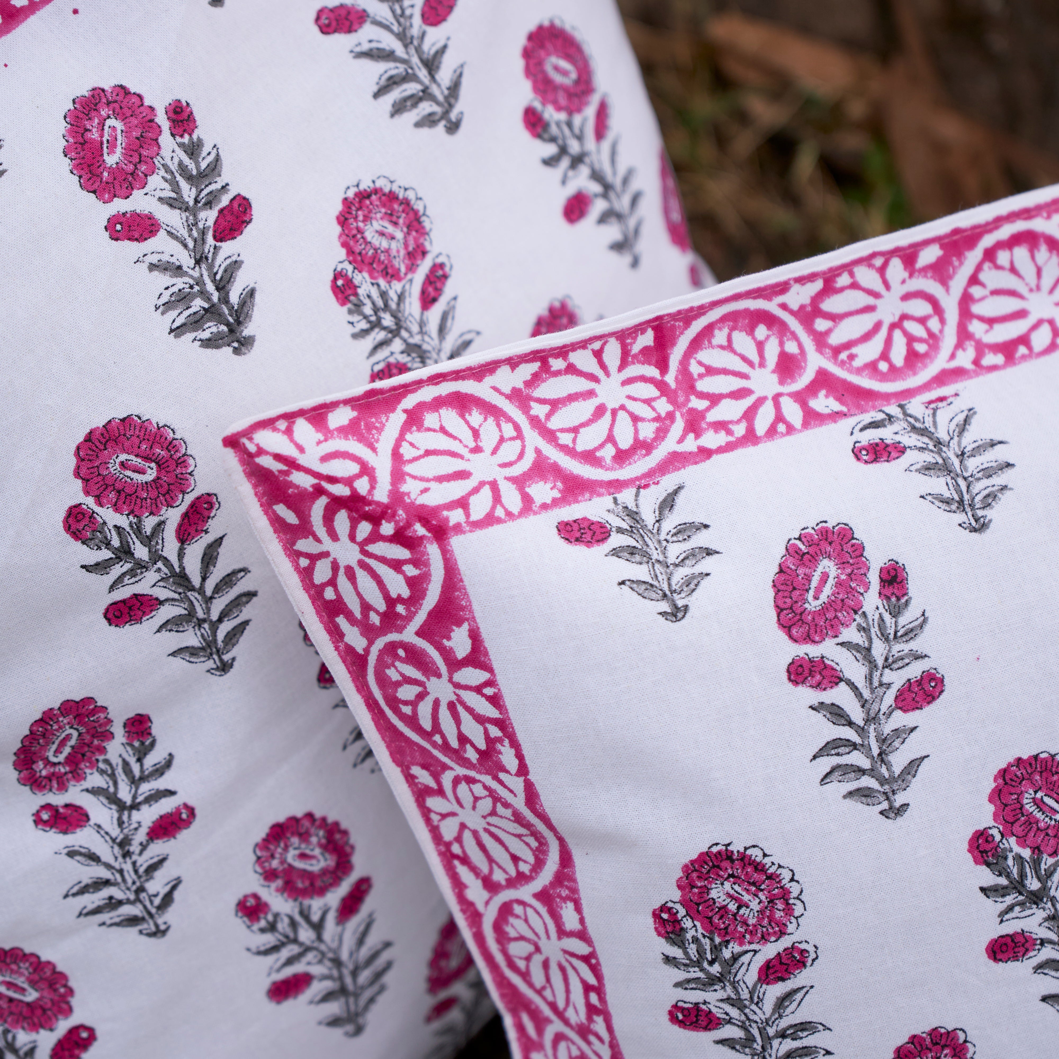 Cotton Cushion Cover Pink Orchids Floral Block Print