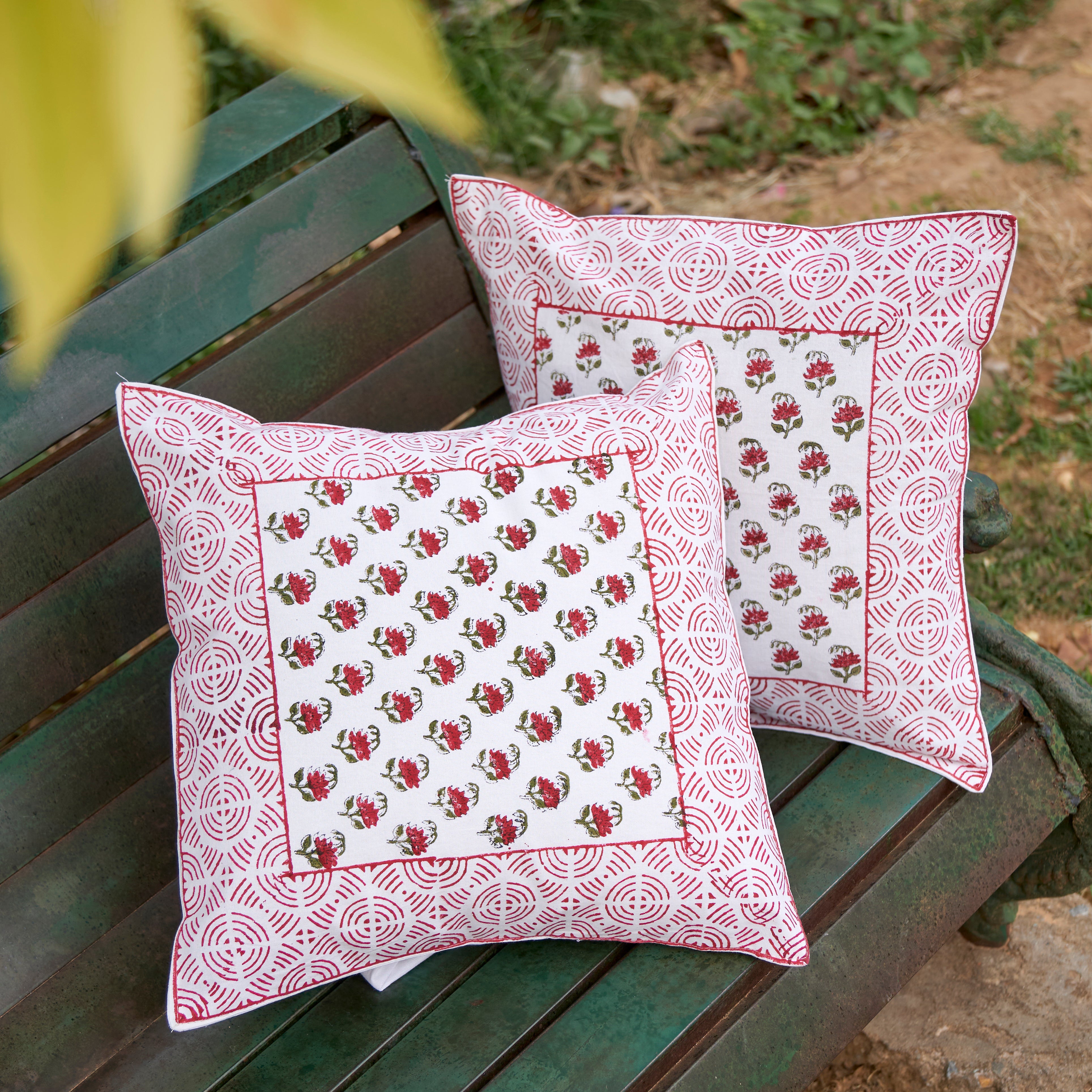 Cotton Cushion Cover Red Cherry Blossom Floral Block Print