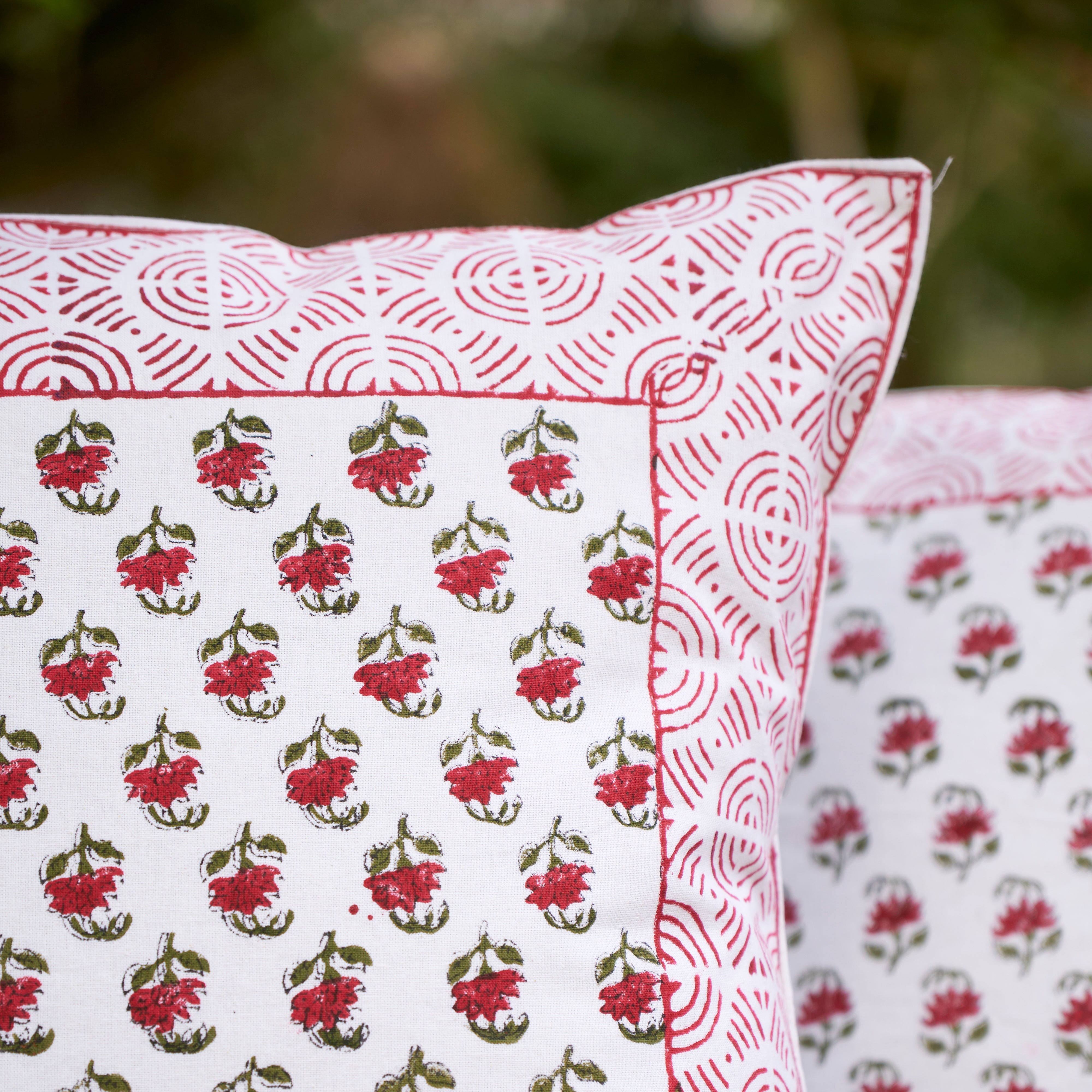 Cotton Cushion Cover Red Cherry Blossom Floral Block Print