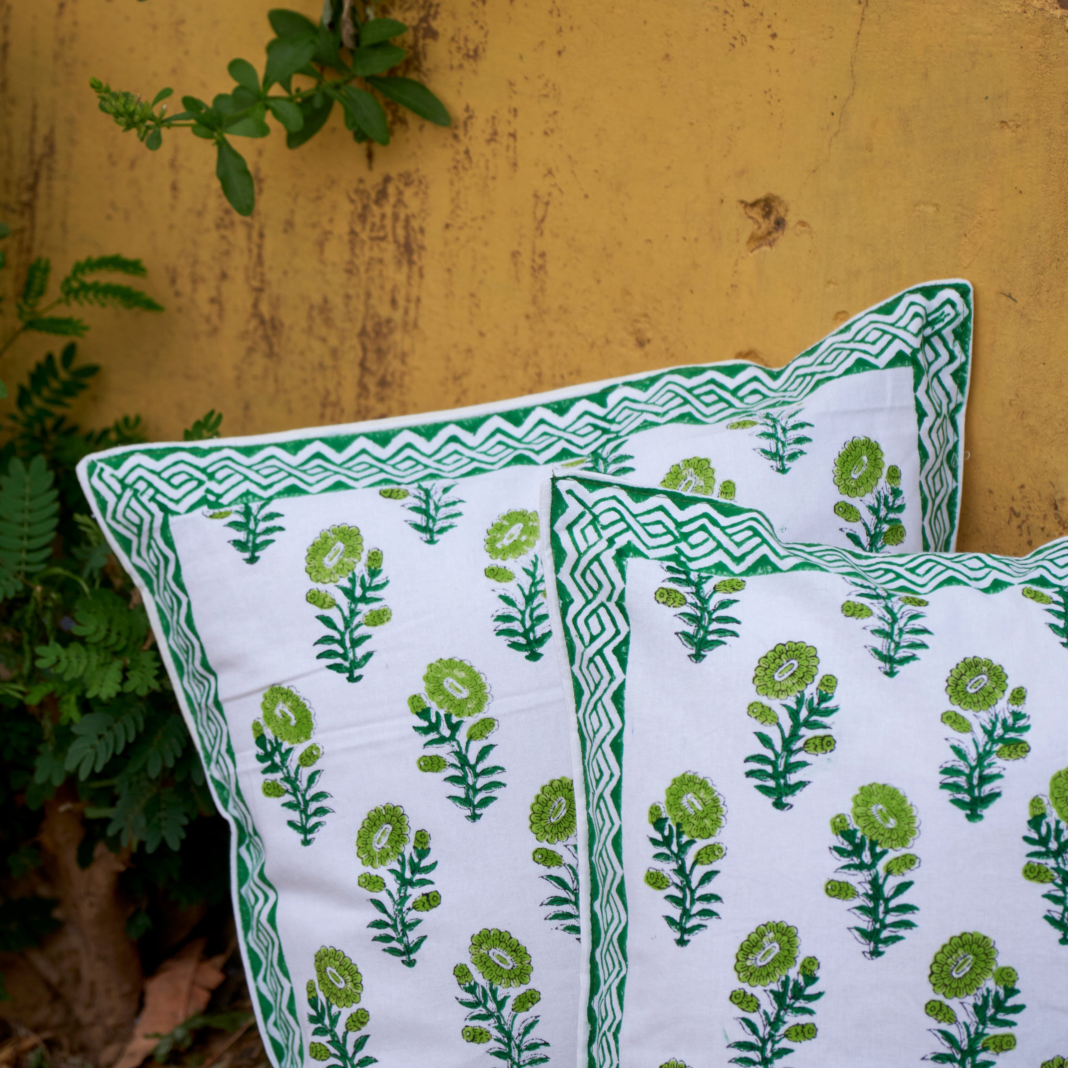 Cotton Cushion Cover Green Gerbera Floral Hand Block Print