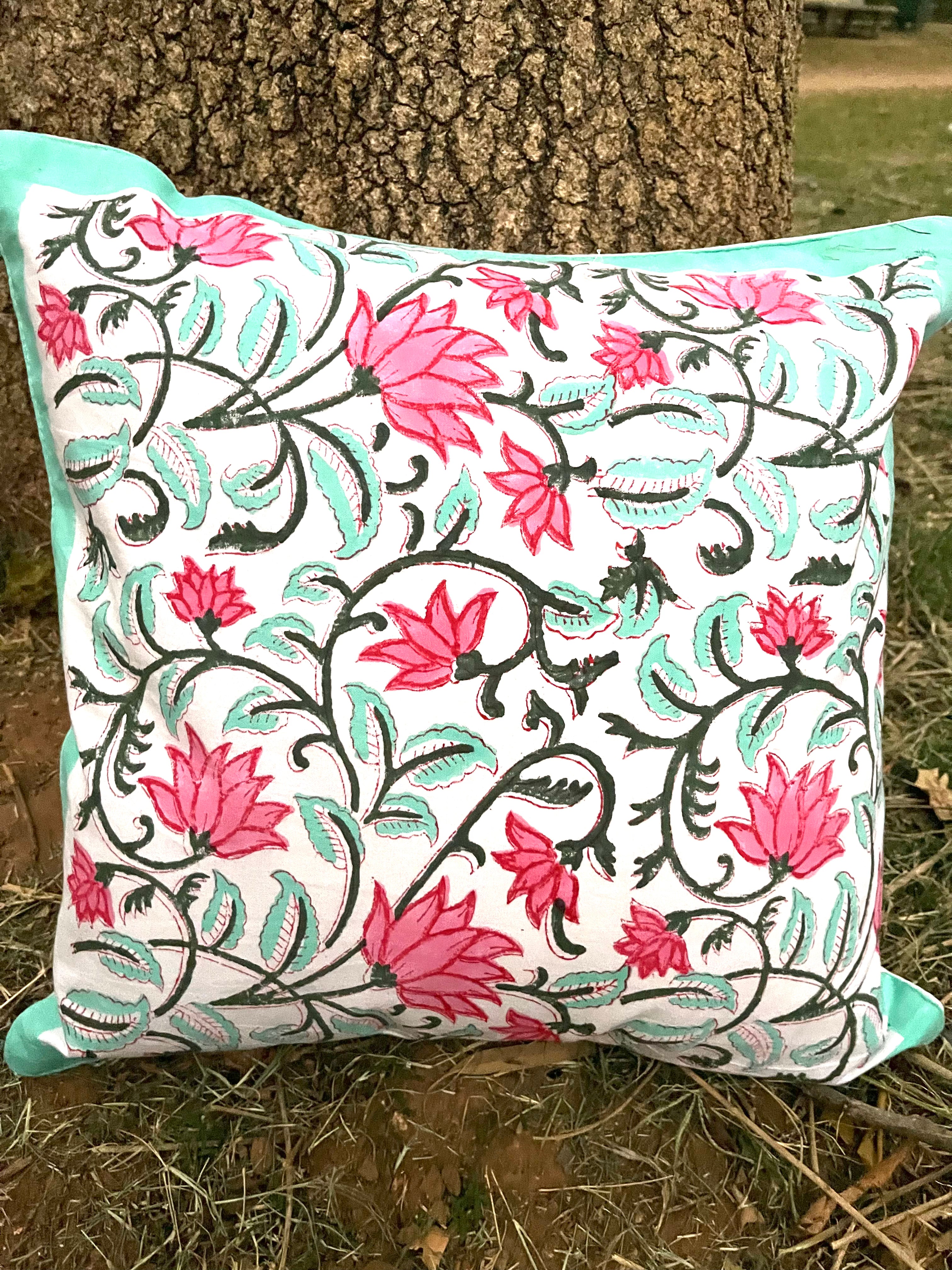 Cotton Cushion Cover Pink Green Jall Block Print
