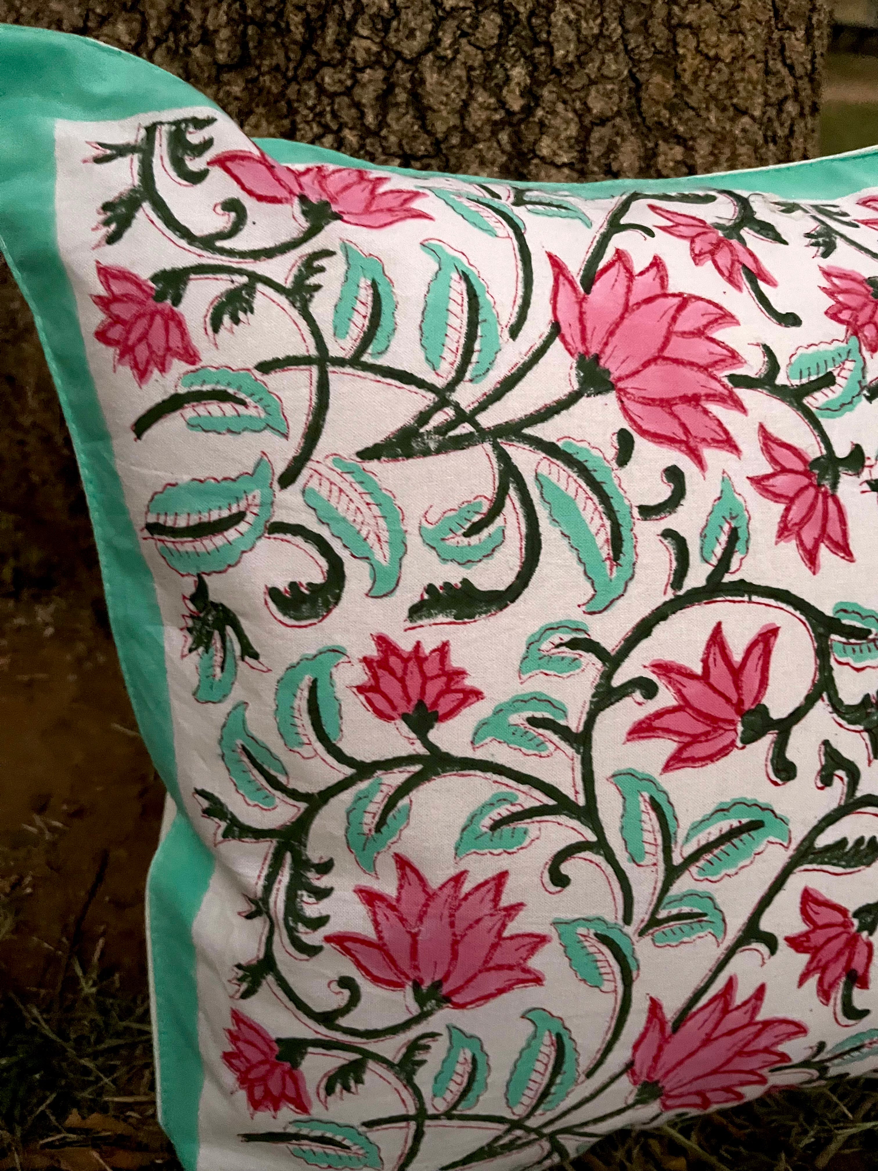 Cotton Cushion Cover Pink Green Jall Block Print