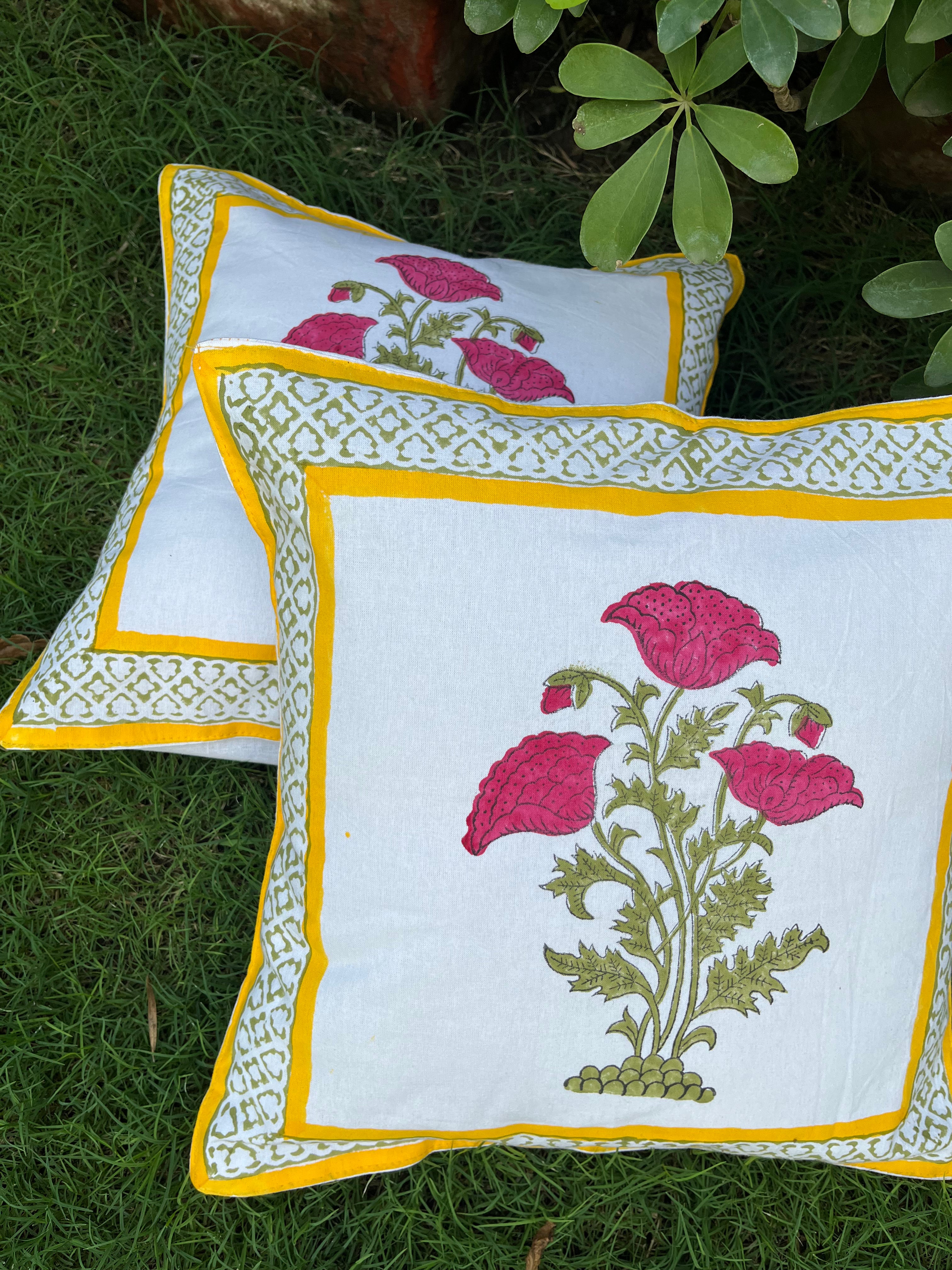 Cotton Cushion Cover Red Yellow Jade Pine Floral Block Print