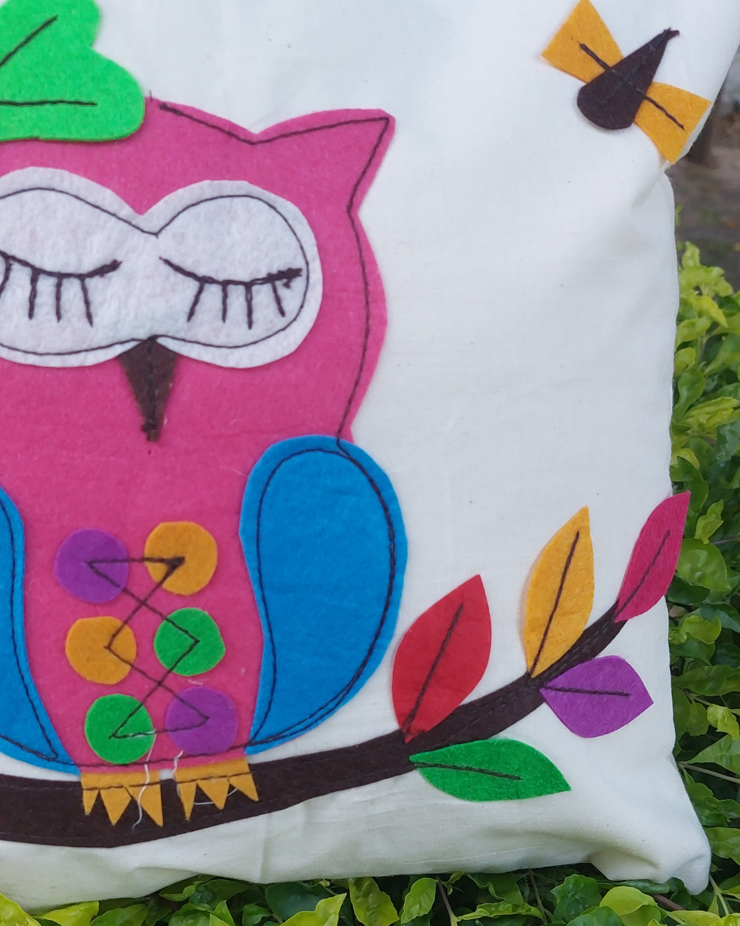 Khadi Cotton Cushion Cover Multicolor Owl Patchwork