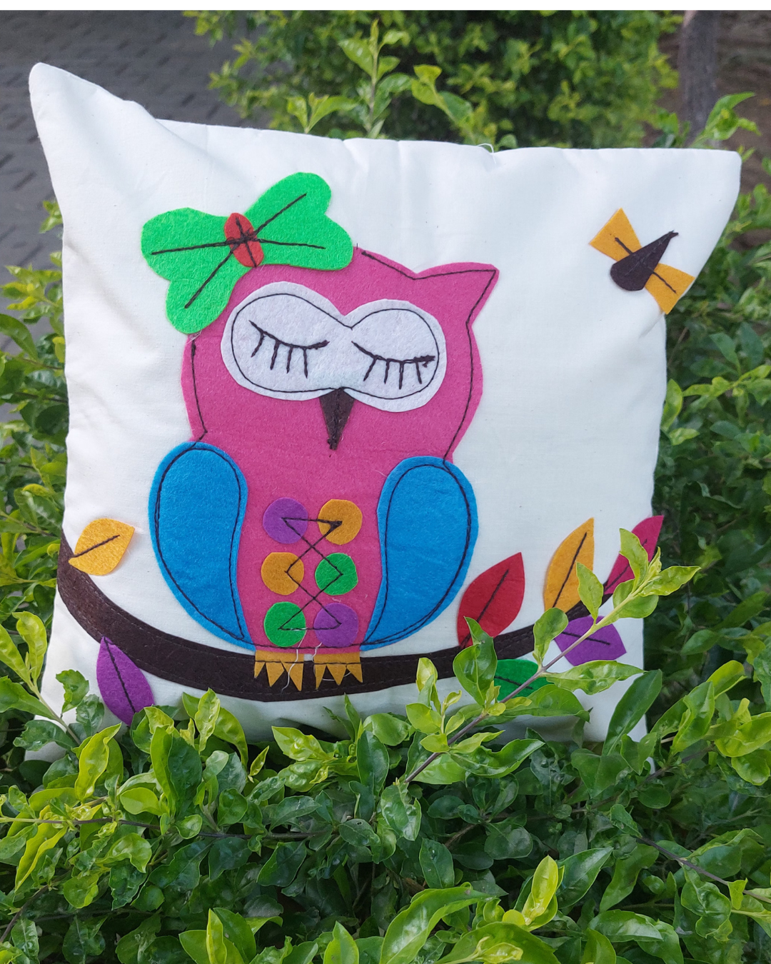 Khadi Cotton Cushion Cover Multicolor Owl Patchwork