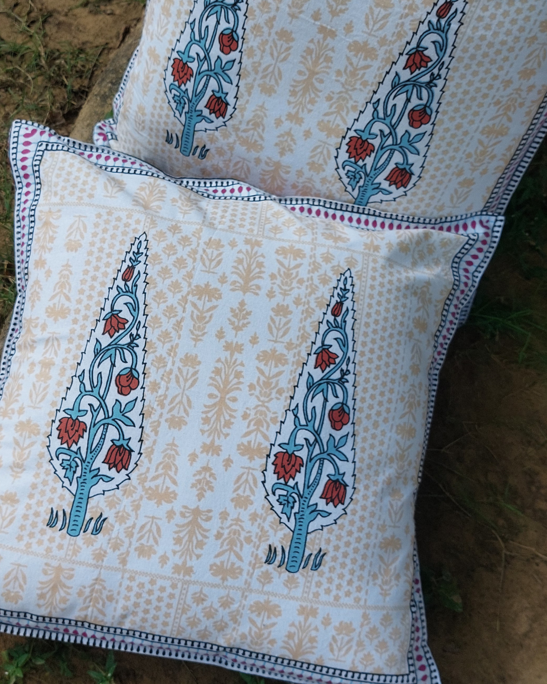 Cotton Cushion Cover Blue-Red Leaf Boota Print