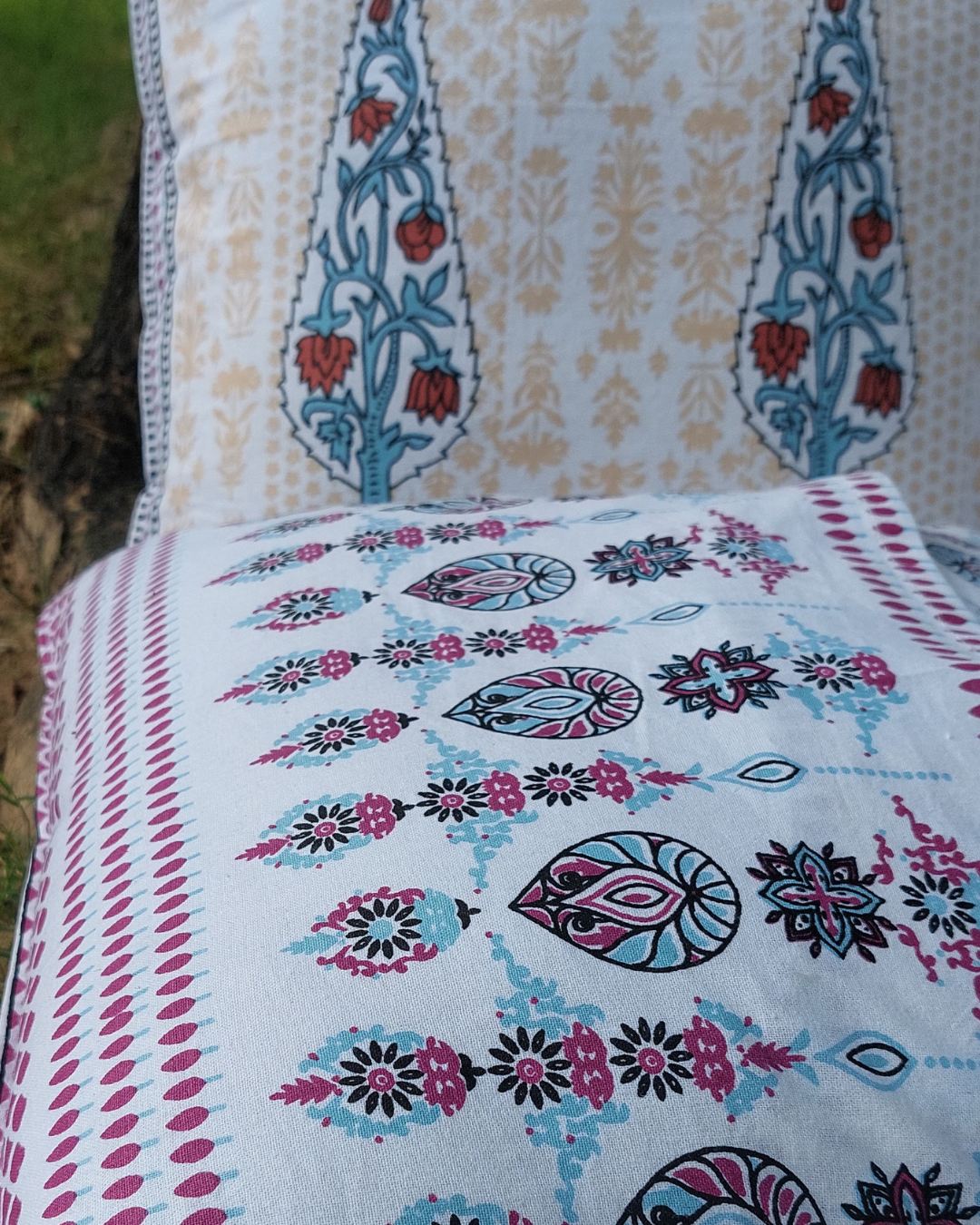 Cotton Cushion Cover Blue-Red Leaf Boota Print