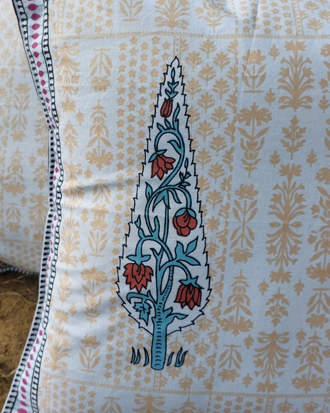 Cotton Cushion Cover Blue-Red Leaf Boota Print