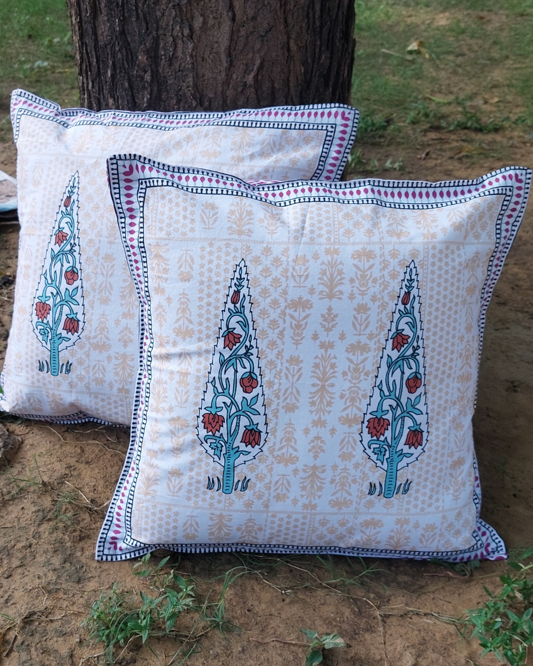 Cotton Cushion Cover Blue-Red Leaf Boota Print
