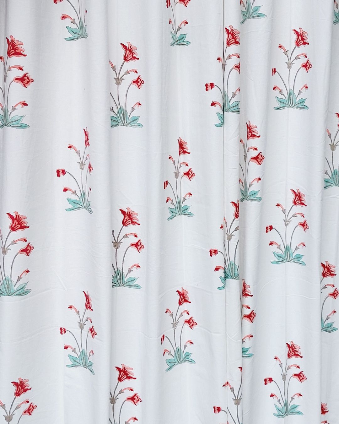 Drill Cotton Curtain Red-Green Orchids Block Print