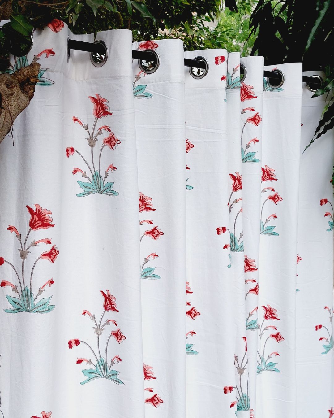 Drill Cotton Curtain Red-Green Orchids Block Print